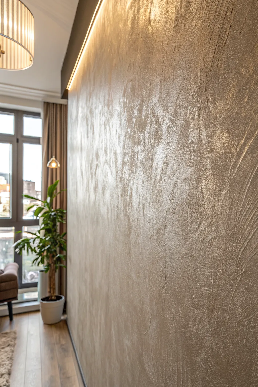 Champagne metallic glaze catches side light, revealing soft shimmer and hand-brushed layers.