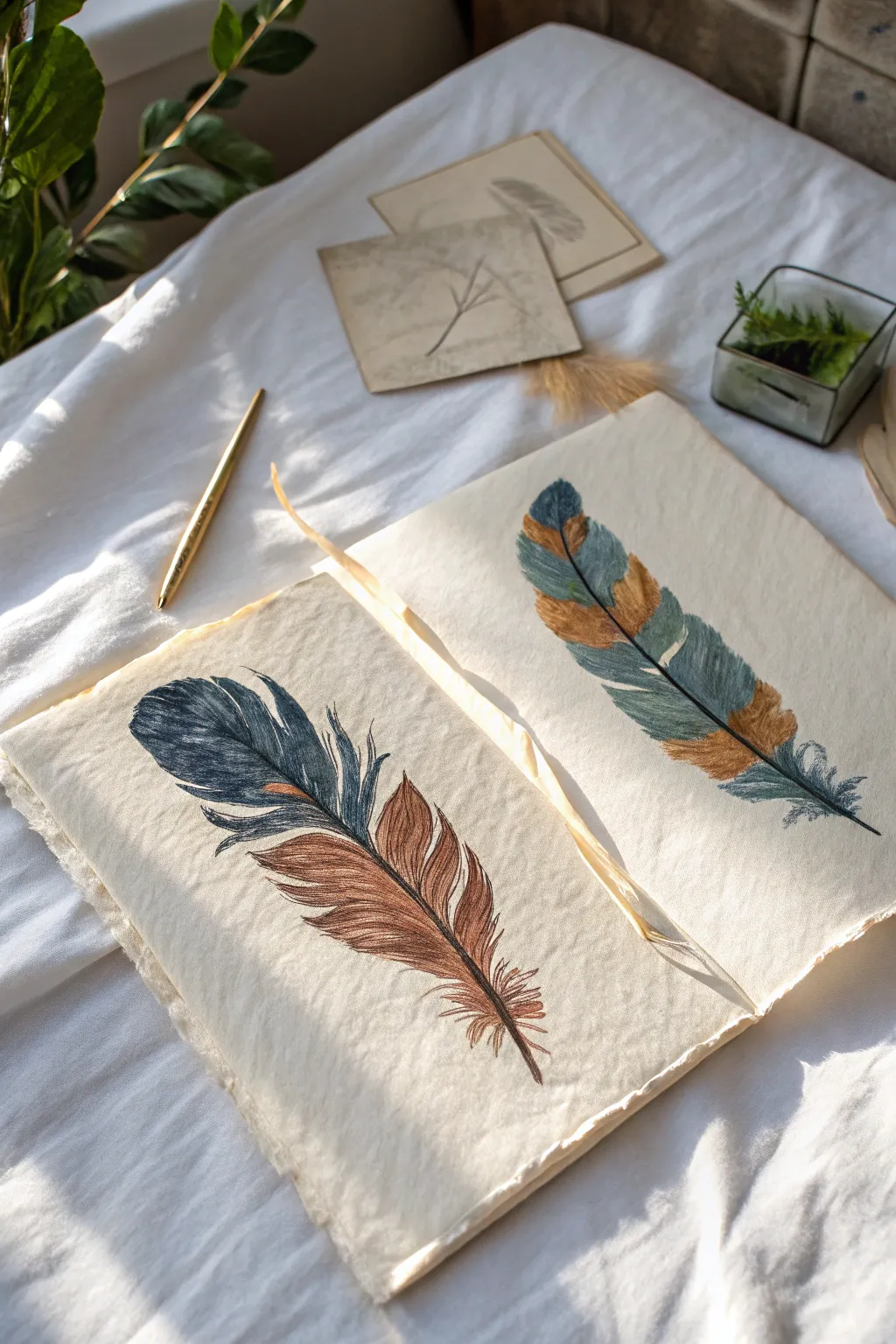 Open the fold to reveal matching feather prints with a painted feather guide, simple and magical.