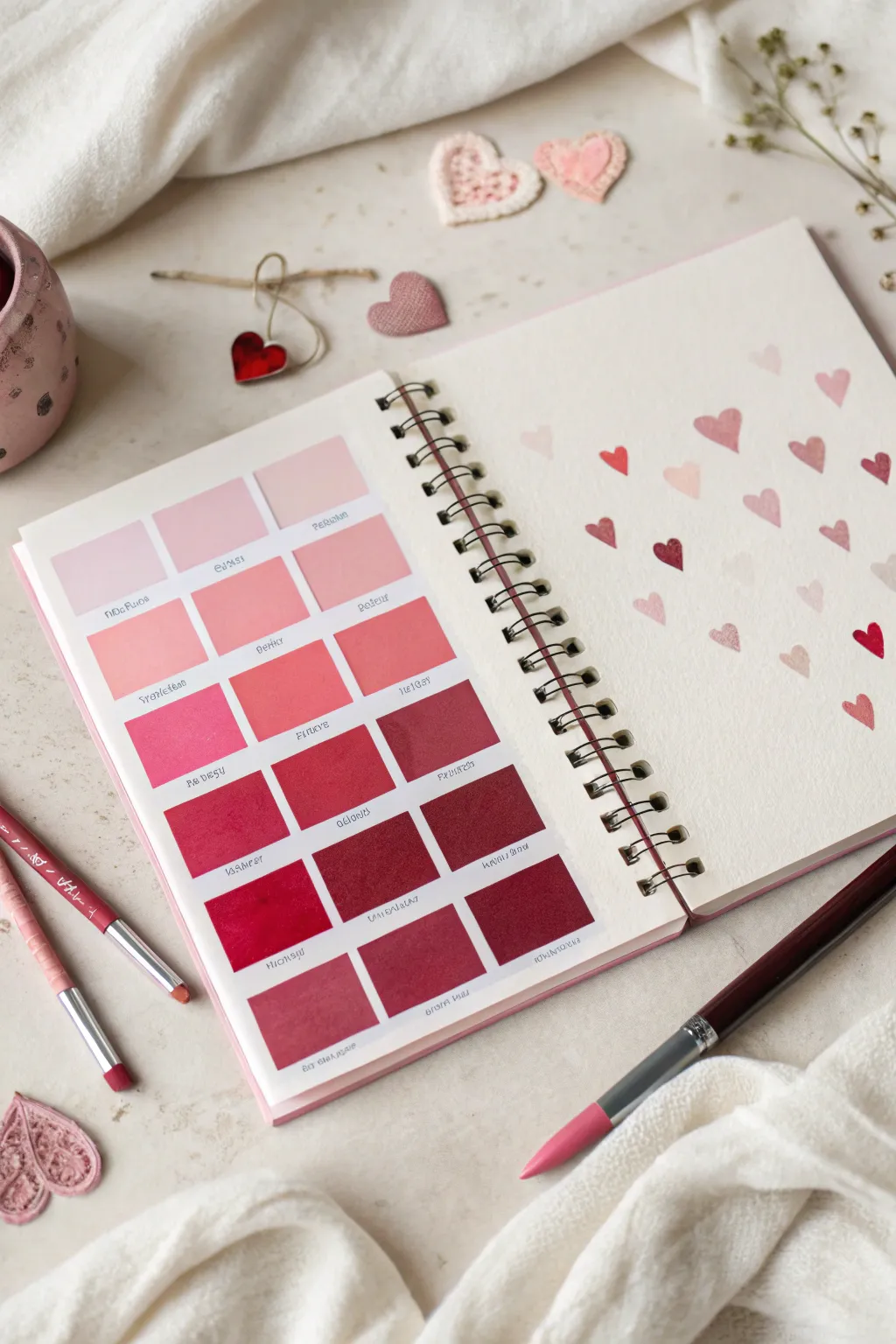 Lovecore swatch-and-doodle page in pinks and burgundy, a minimal February drawing idea.