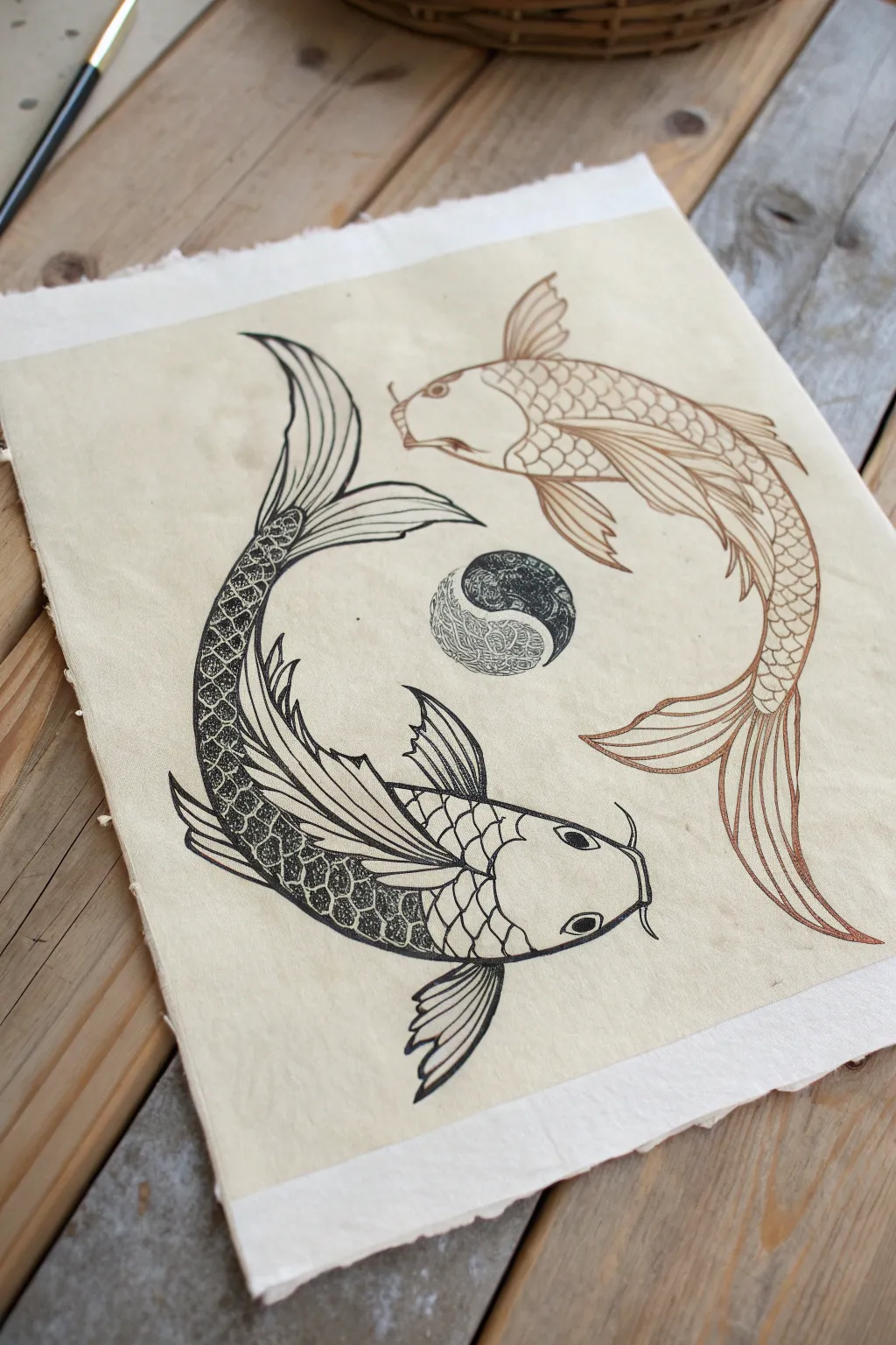 Yin-yang twin fish sketch with mirrored flowy fins, balanced stripes and spots, Scandinavian minimalism