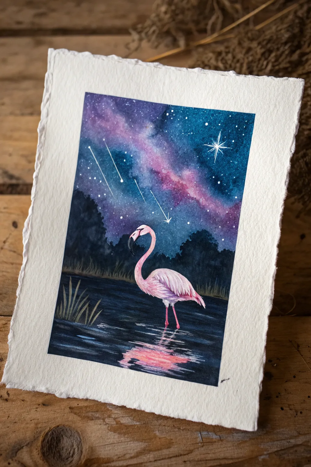 Neon-pink flamingo glowing under a purple galaxy sky, minimalist night scene to paint
