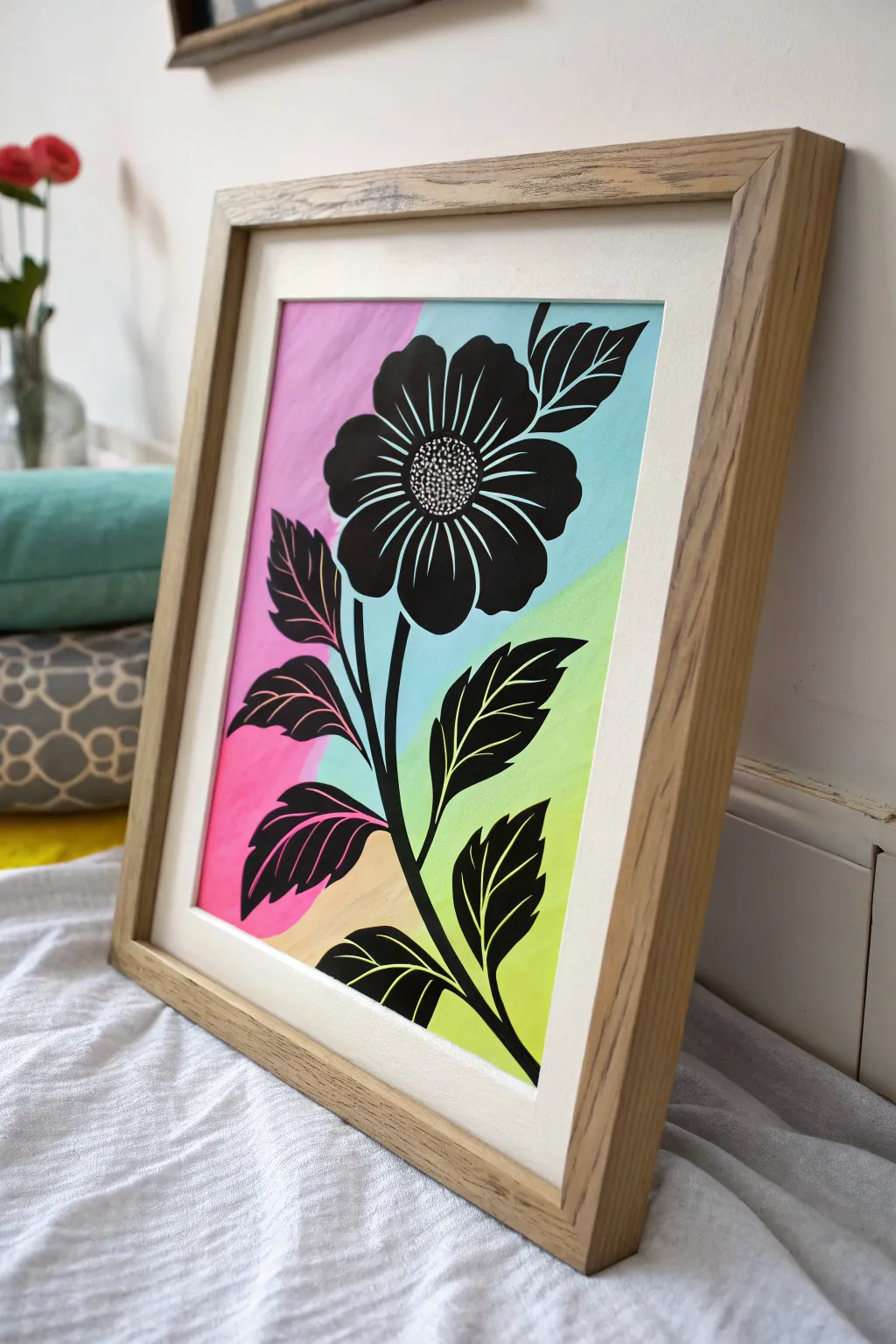 Abstract floral silhouette with neon color layers on charcoal for modern Scandinavian drama