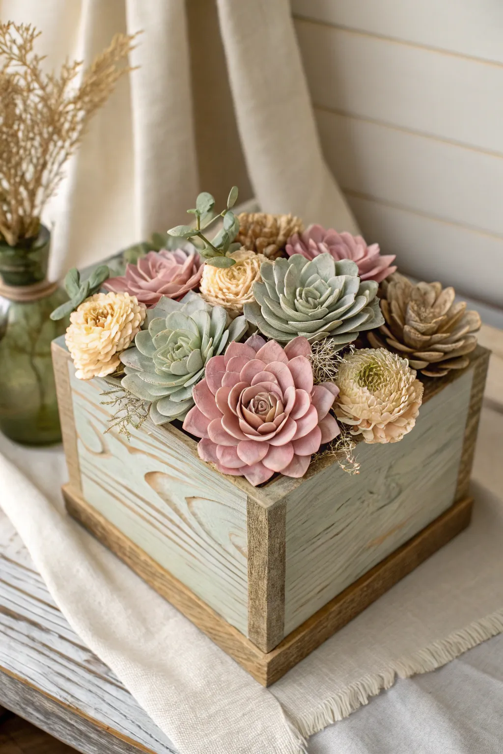 Raised texture petals and subtle metallic glints make this flower box painting pop in soft light.