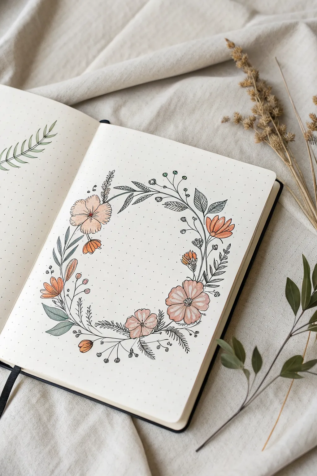 Three simple floral wreath doodle ideas in a clean Scandinavian sketchbook style.