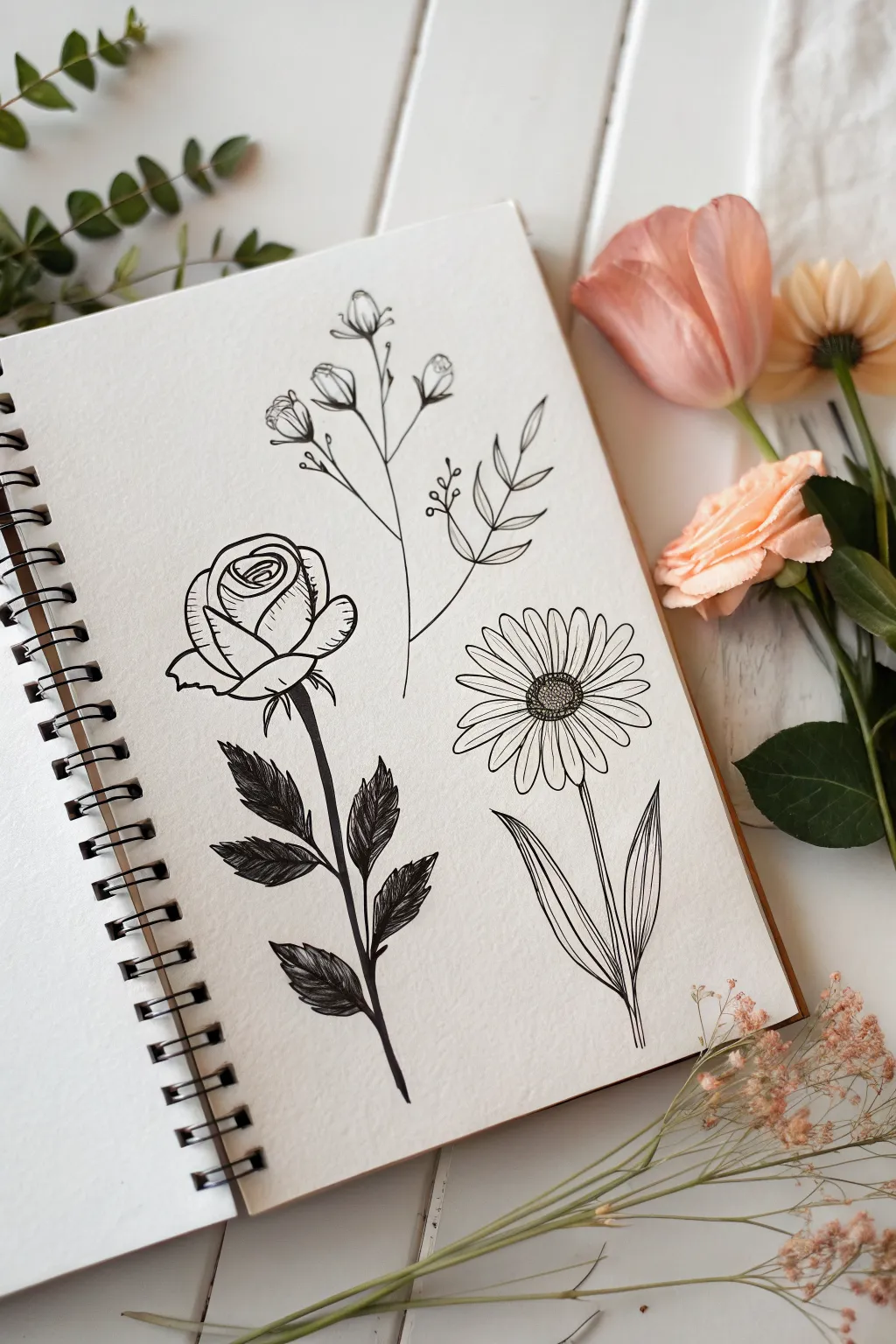 Easy ink flower line art with a loose watercolor wash for a simple, beautiful boho look