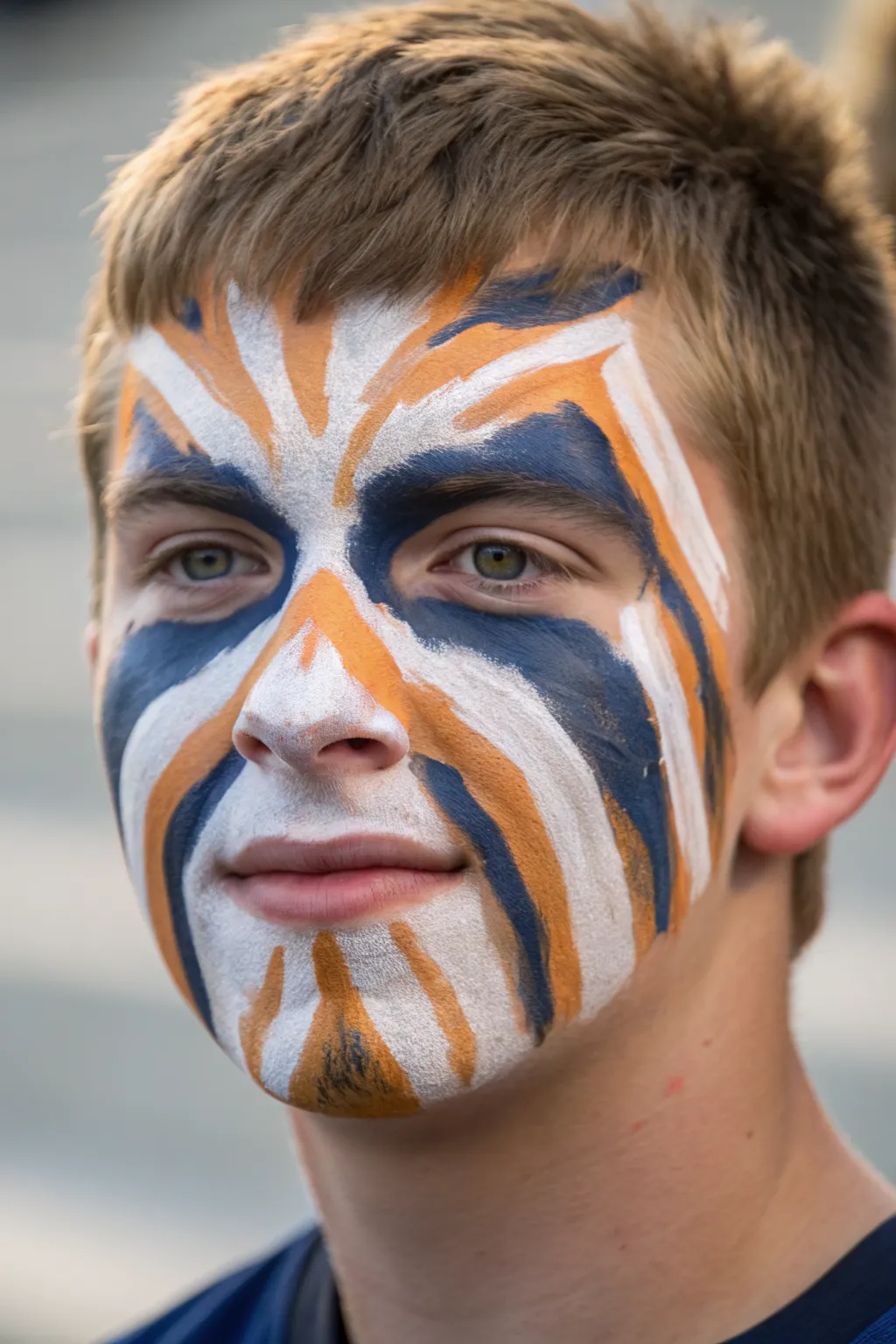 Abstract full-face game-day paint in bold team colors, simple strokes and pure crowd energy.