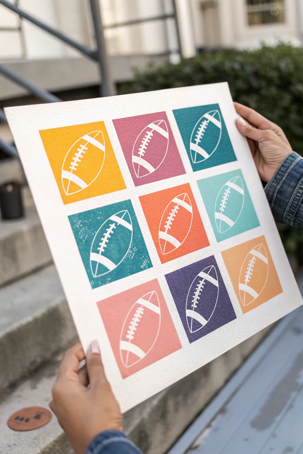 Pop art football blocks in bright palettes, clean grid layout, minimalist-boho craft vibes