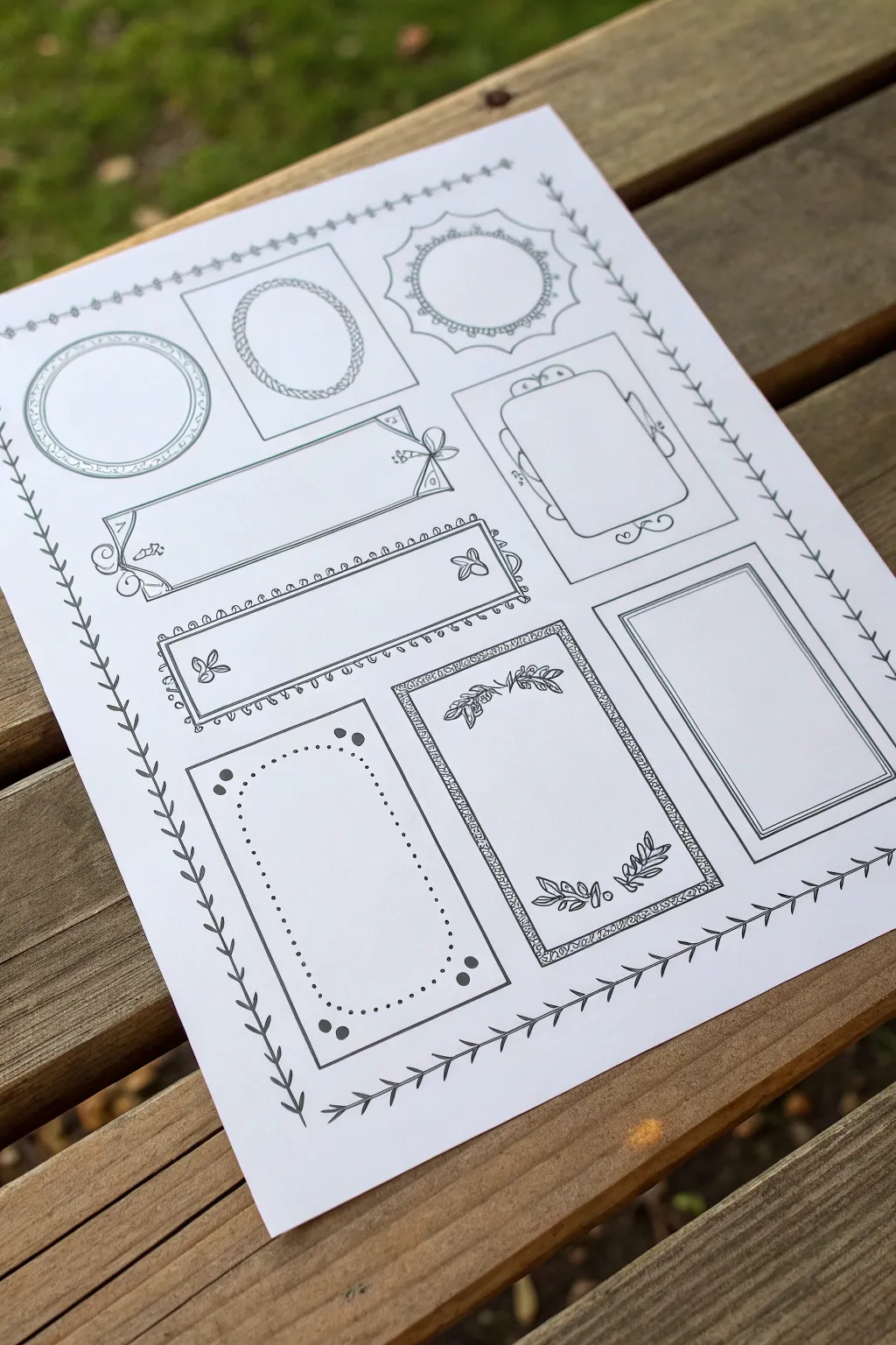 Mini frame drawing sampler page with mix and match borders, clean lines, and boho detail