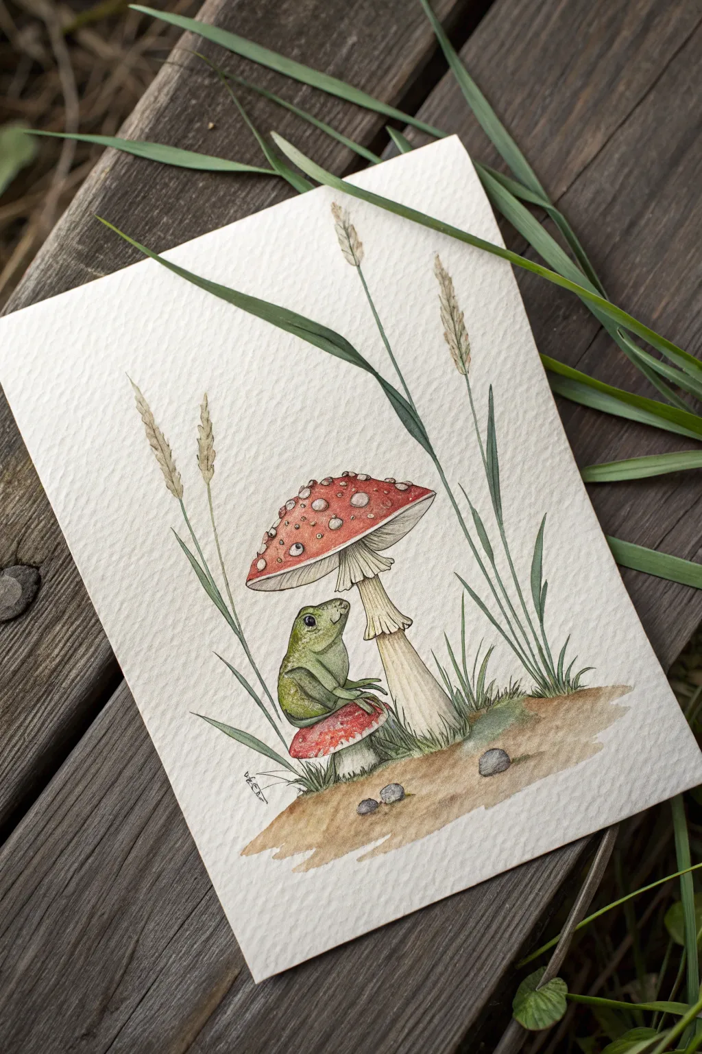 Frog on a toadstool throne in a minimalist woodland vignette, perfect for cozy sketch practice.