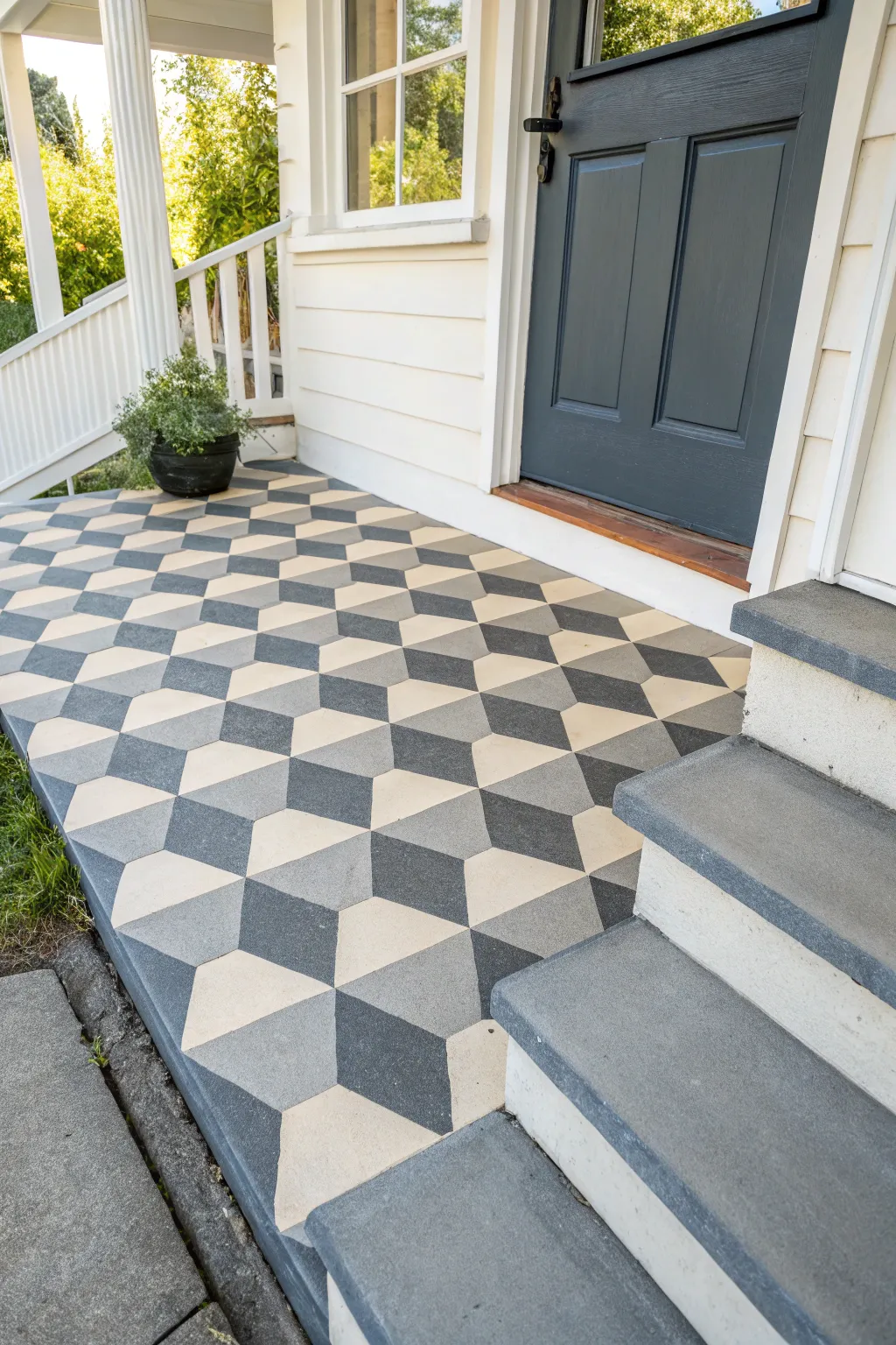 Optical illusion cube grid paint turns a plain concrete porch into a chic 3D statement.
