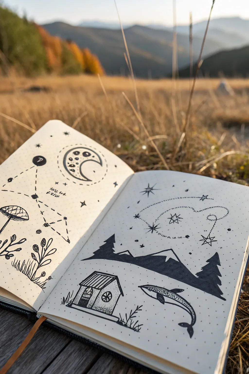 Full-page dream montage: tiny surreal scenes stitched together with thread-like lines and stars.