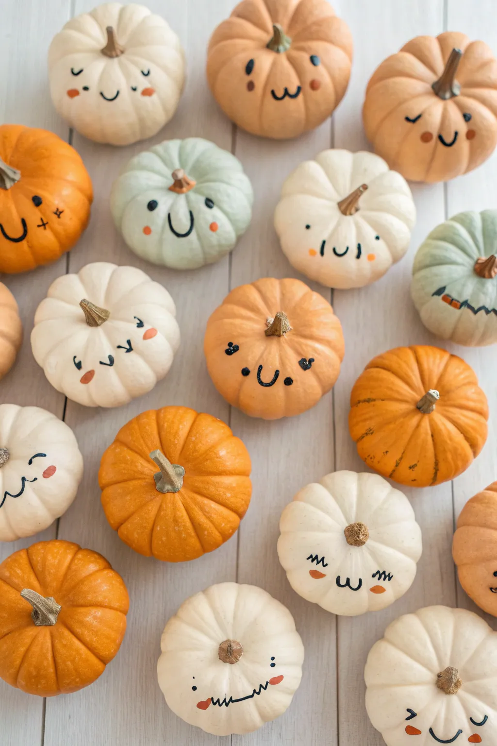 Mini pumpkin character lineup: simple, cute faces and patterns for an easy fall painting session.