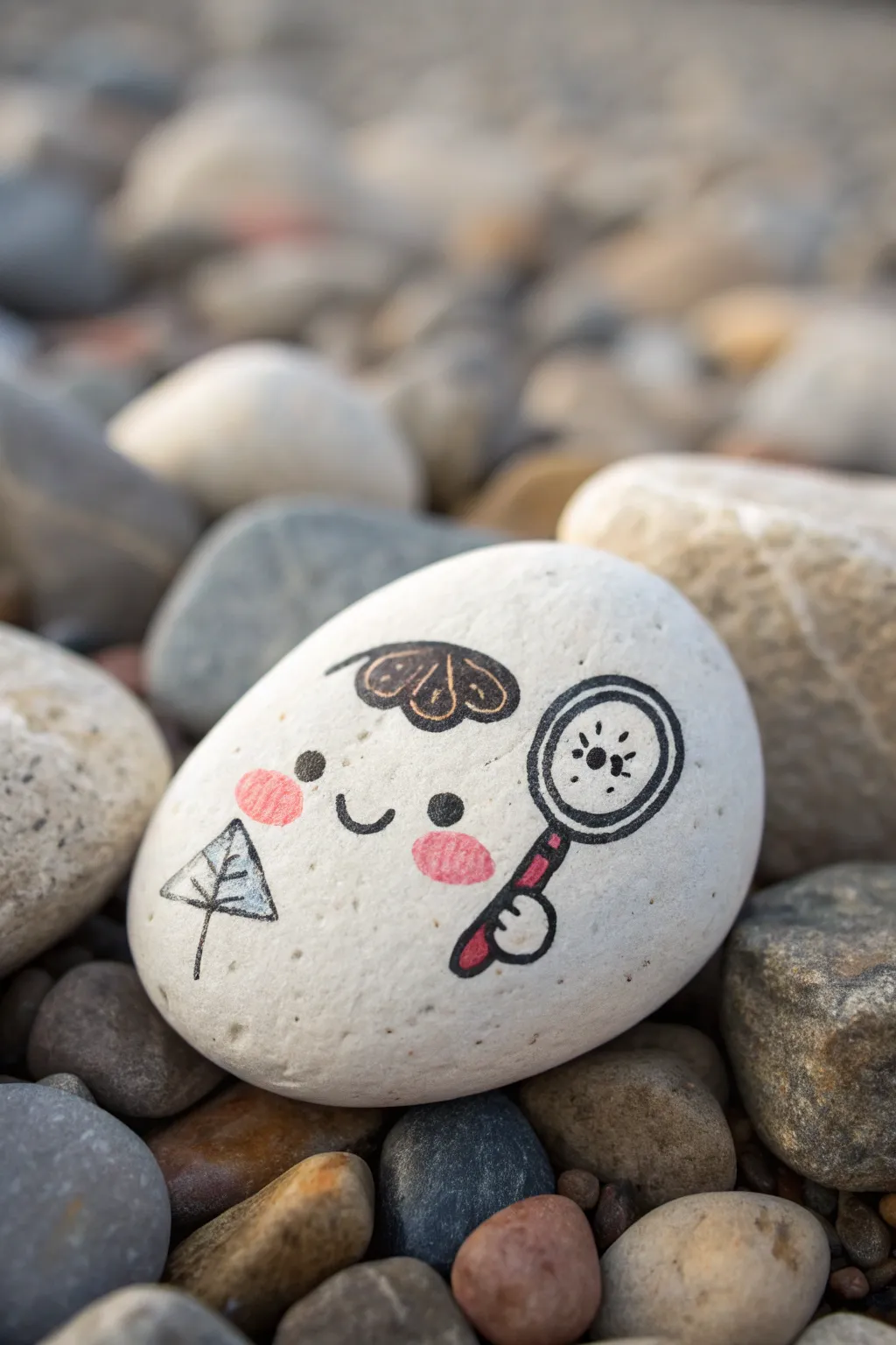 A cheeky painted find-me rock on a woodland trail, perfect for funny hide-and-seek rock art.