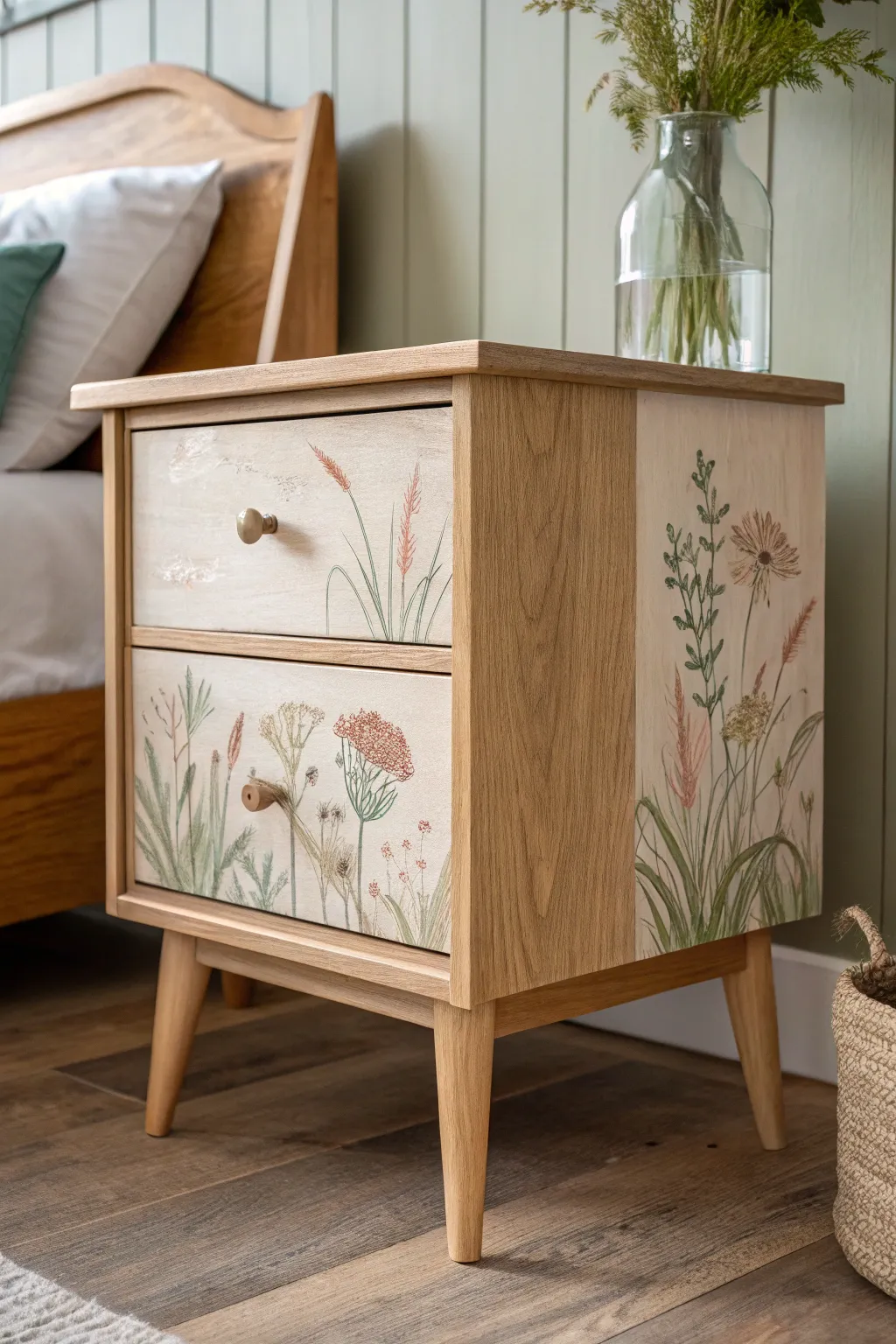 Hand-painted floral drawer mural turns a simple nightstand into an heirloom statement piece.