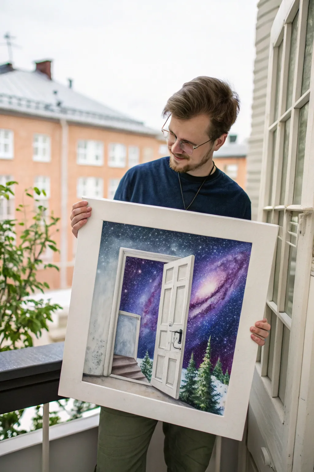 Surreal galaxy portal painting: calm minimalist room with stars spilling through a glowing doorway.