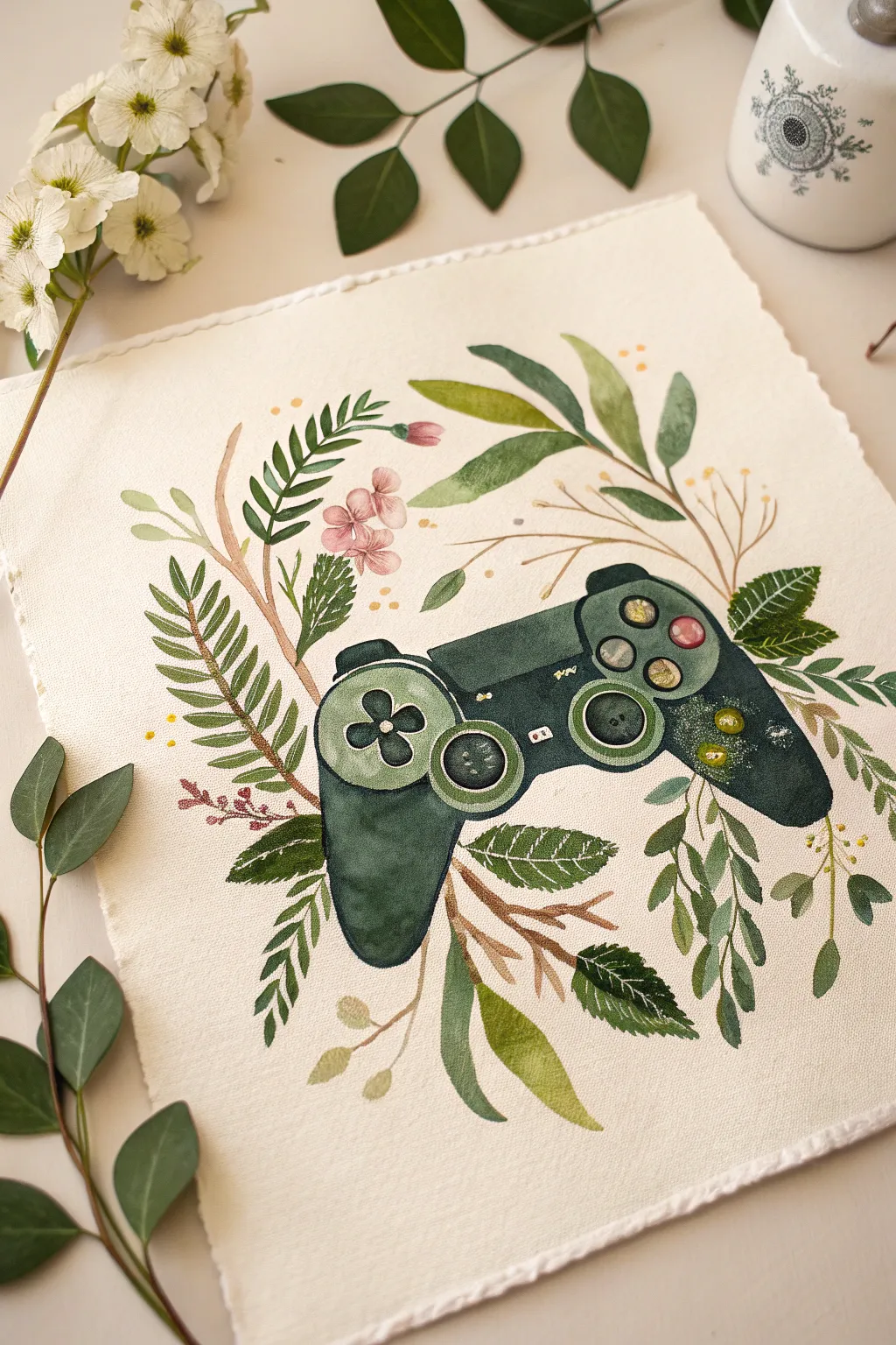 Botanical game controller art: minimalist blooms and vines meet modern gaming charm.