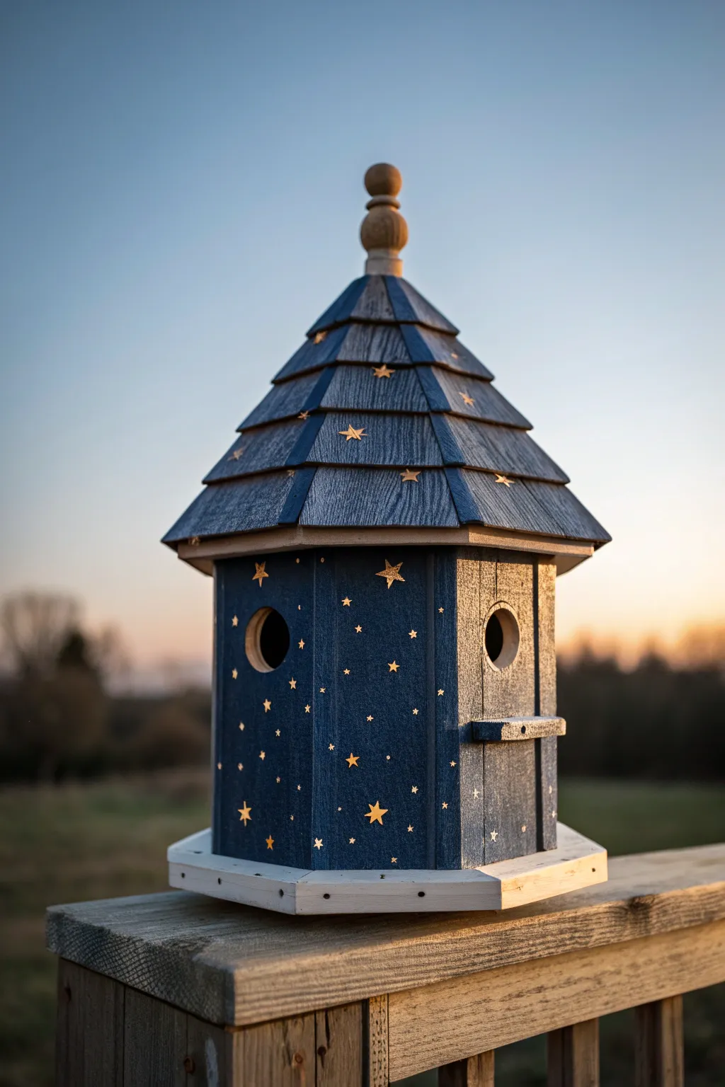 Paint a navy gazebo birdhouse with a starry roof for dreamy dusk garden charm