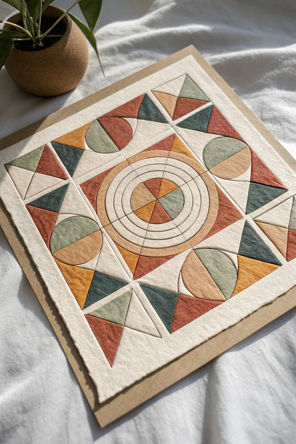 Cut-paper geometry in calm boho neutrals, crisp shapes and soft shadows for tactile minimal art.