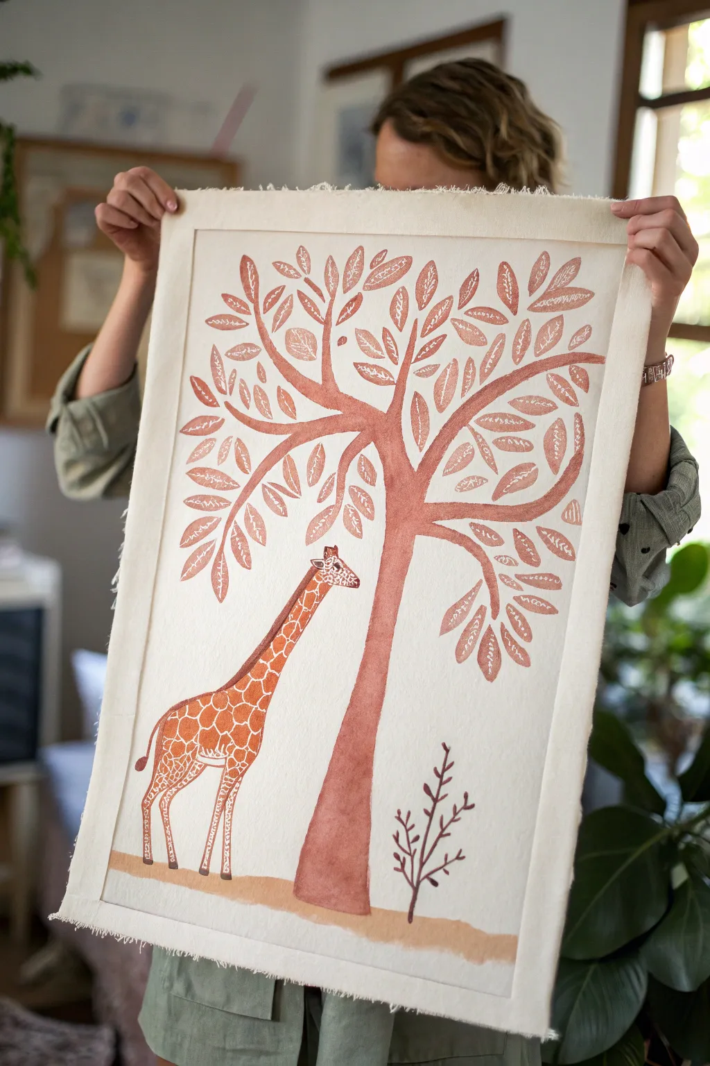 Surreal giraffe with looping necks, minimalist boho palette, perfect for dreamy painting ideas