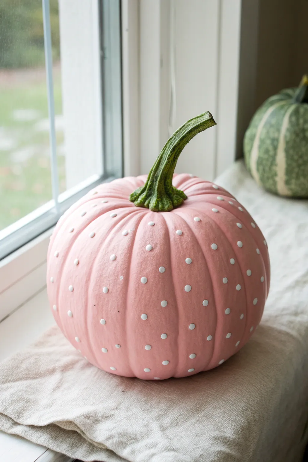 Strawberry-pink pumpkin with sweet seed dots, perfect for a minimal girly fall craft