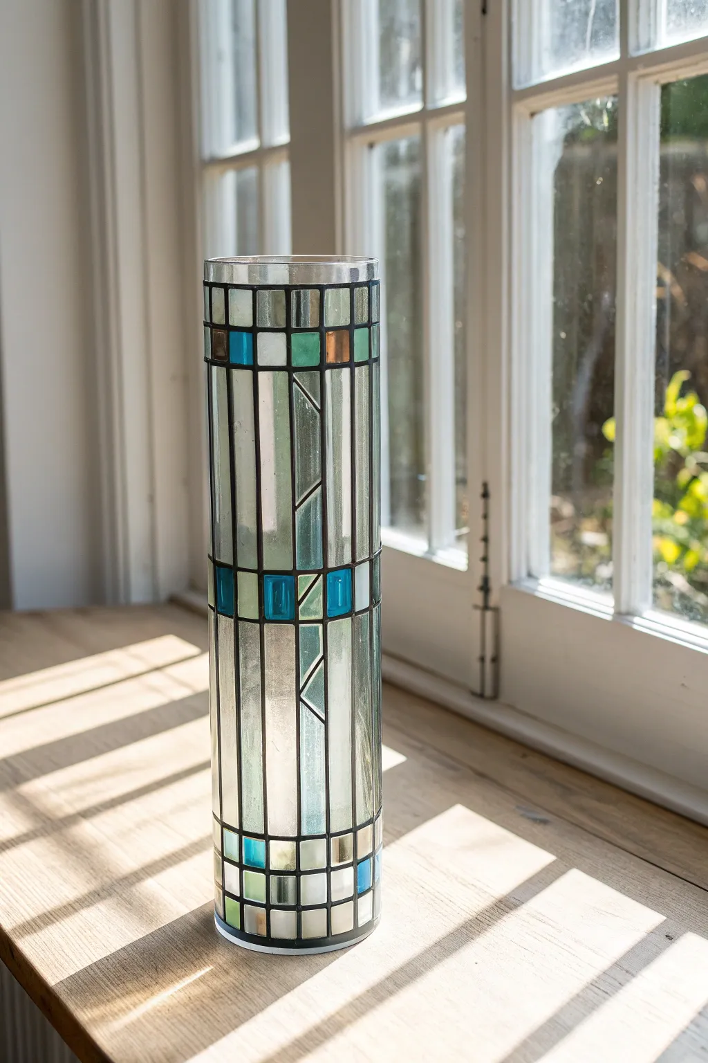 Sunlit vase with outlined stained-glass panels, soft boho hues glowing in a minimalist space
