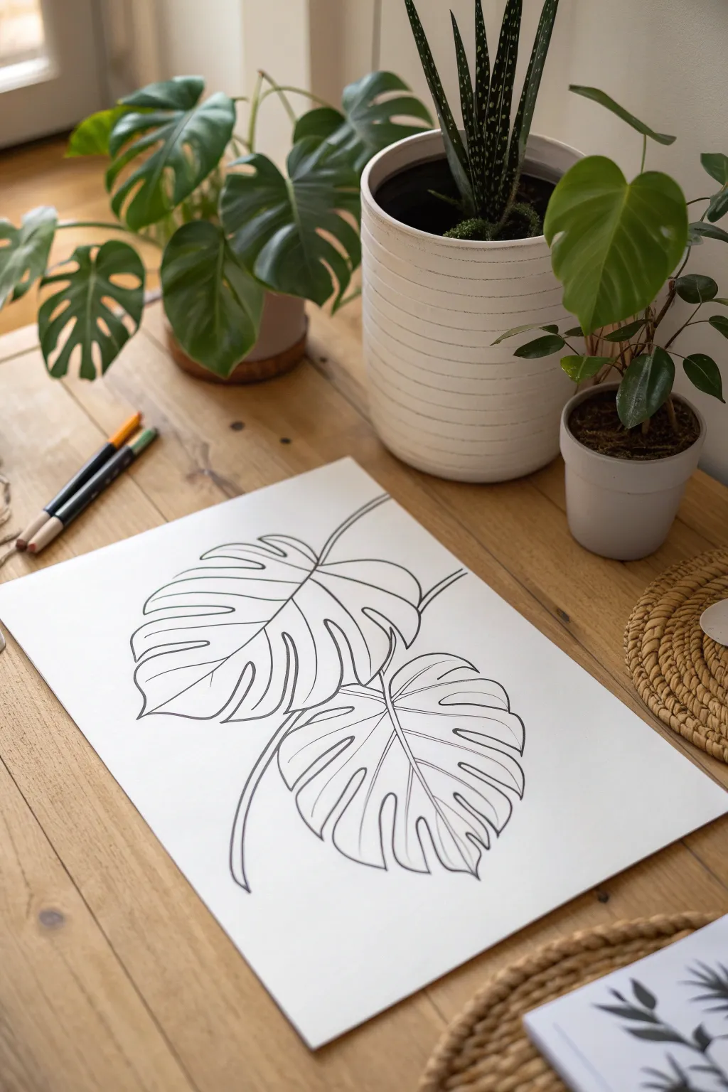 Try continuous-line contour: one confident ink line turns a simple plant into art