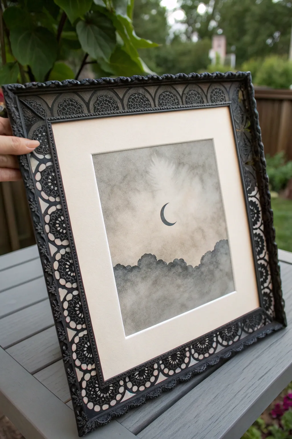 Elegant gothic lace border art with smoky gradients and high-contrast minimalist boho mood