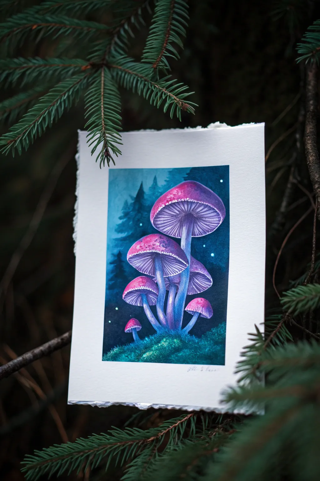 Midnight mushroom glow in gouache: layered neon over opaque white for a magical, moody contrast