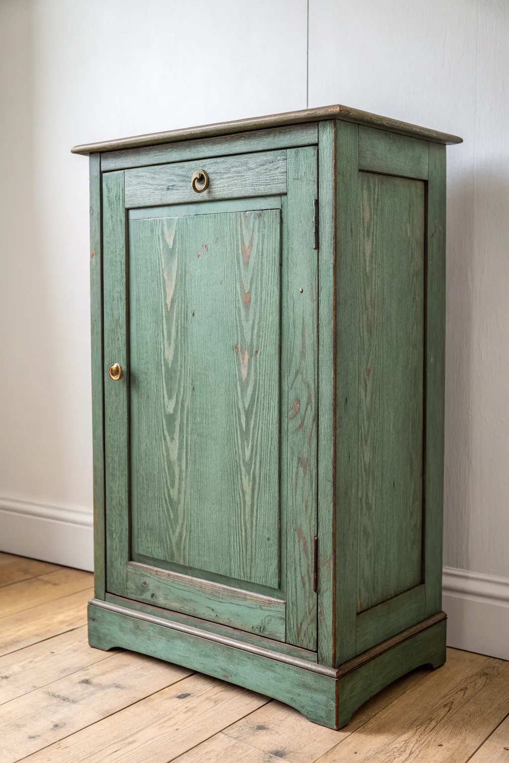 Textured sage cabinet with softly worn edges, bringing old-world charm to minimalist spaces