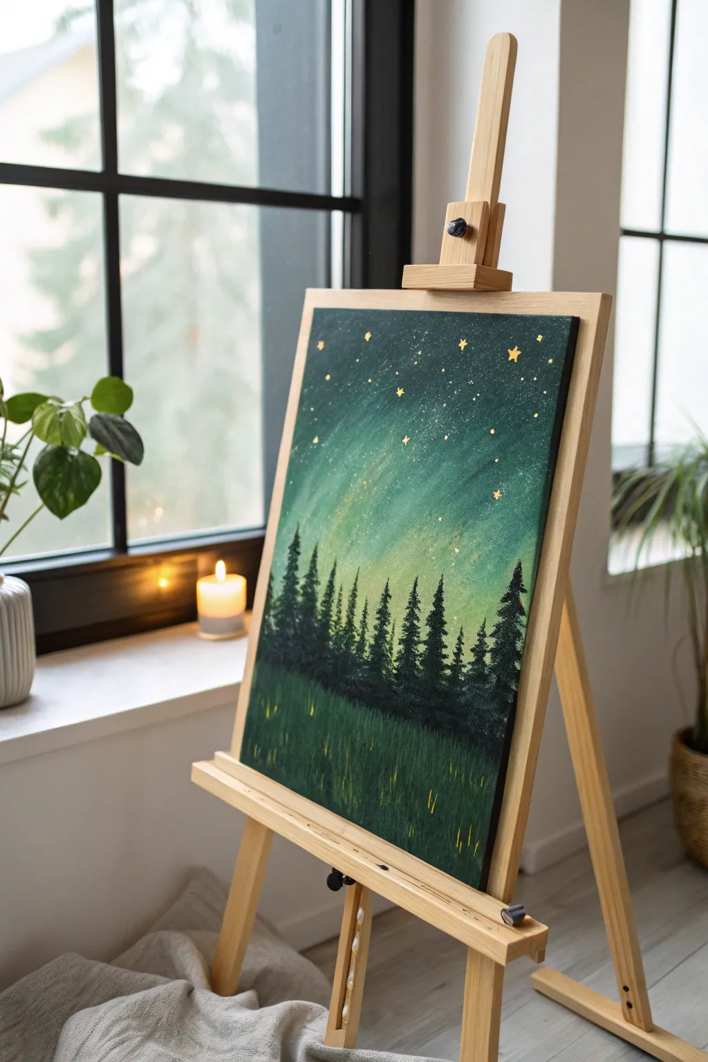 Paint a deep green night with soft firefly glow above a simple grass silhouette on canvas