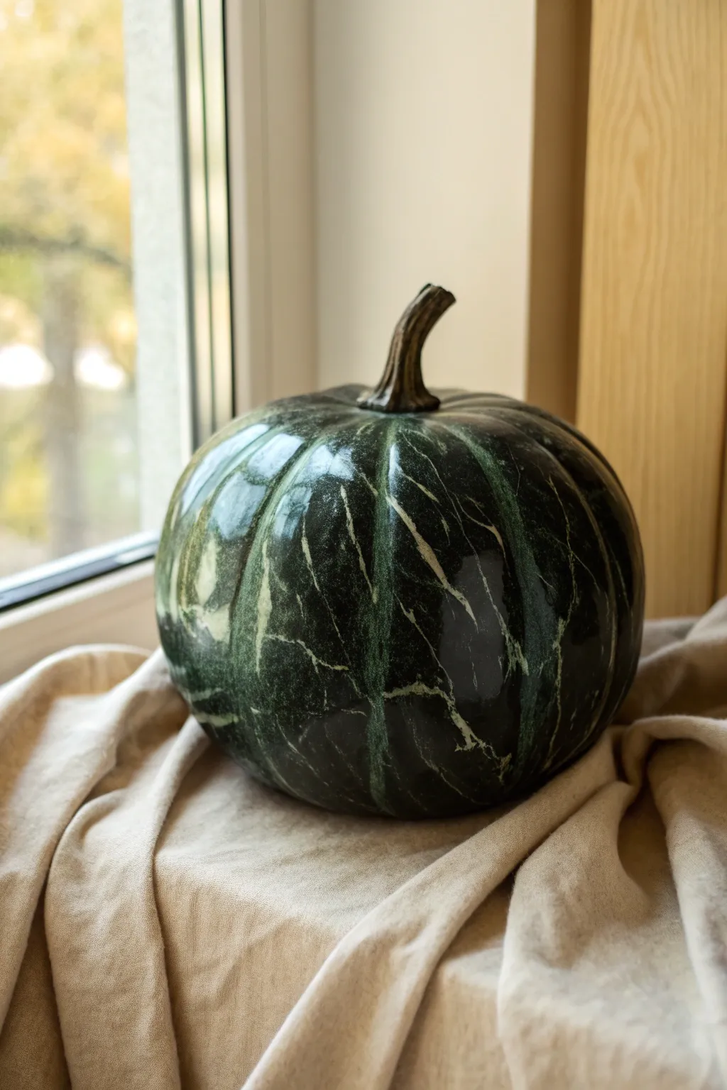 Glossy swamp-green pumpkin with bold black marbling, close-up for a luxe stone-like finish