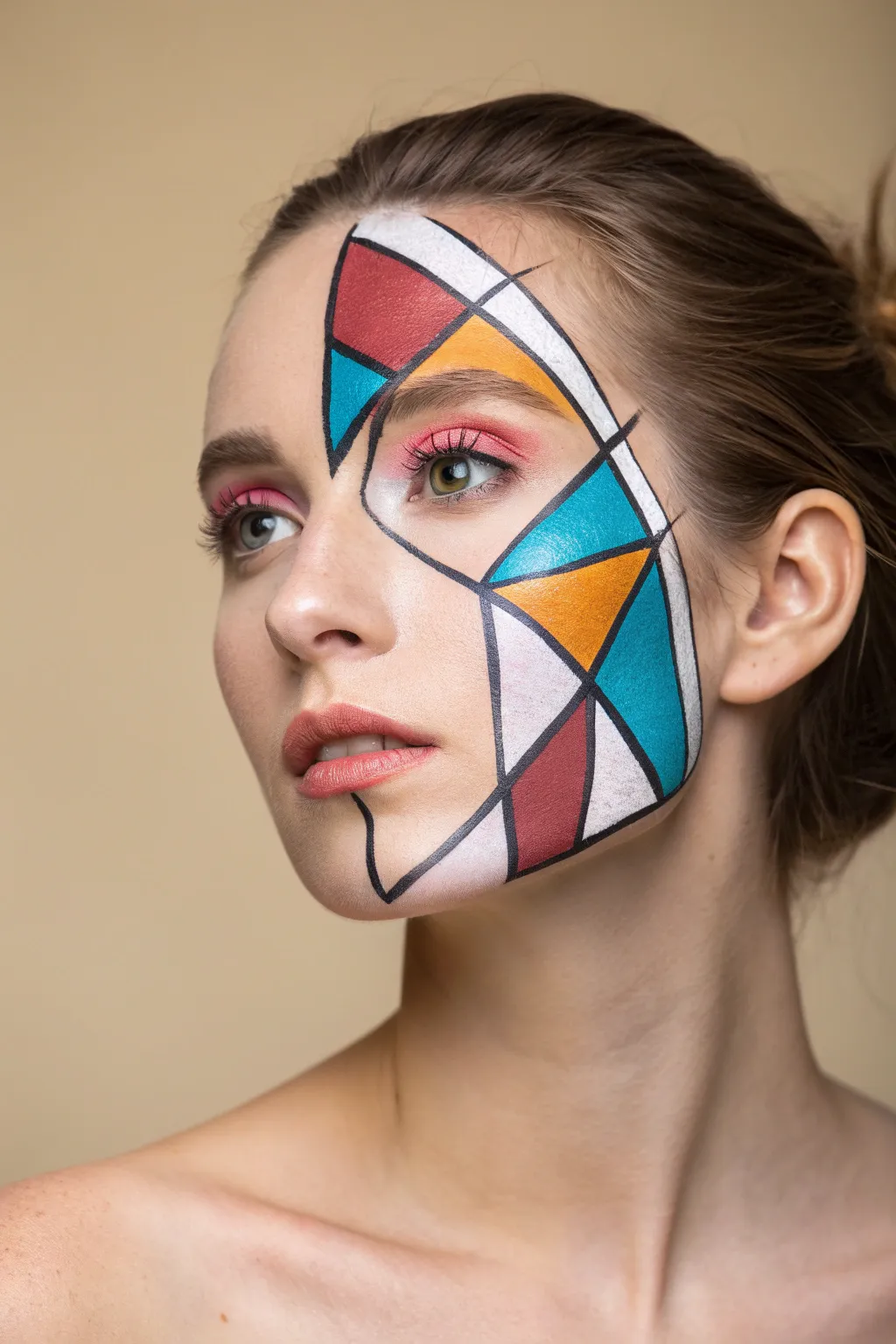 Half-face stained glass paint with bold black lines and jewel tones for a clean graphic look