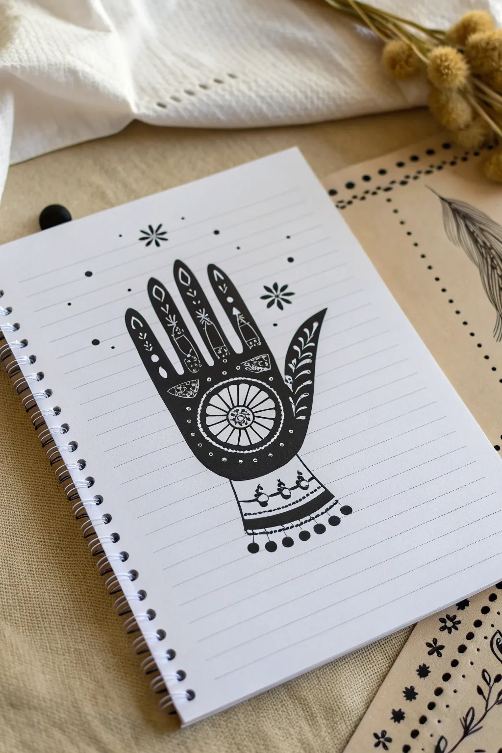 Bold hand silhouette packed with neat doodle patterns, minimalist black ink on white paper