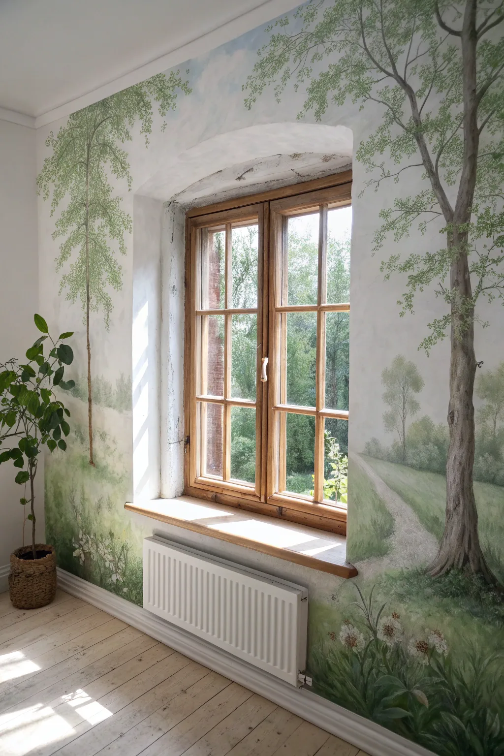 Trompe l oeil garden window mural bringing leafy calm to a minimalist Scandinavian wall