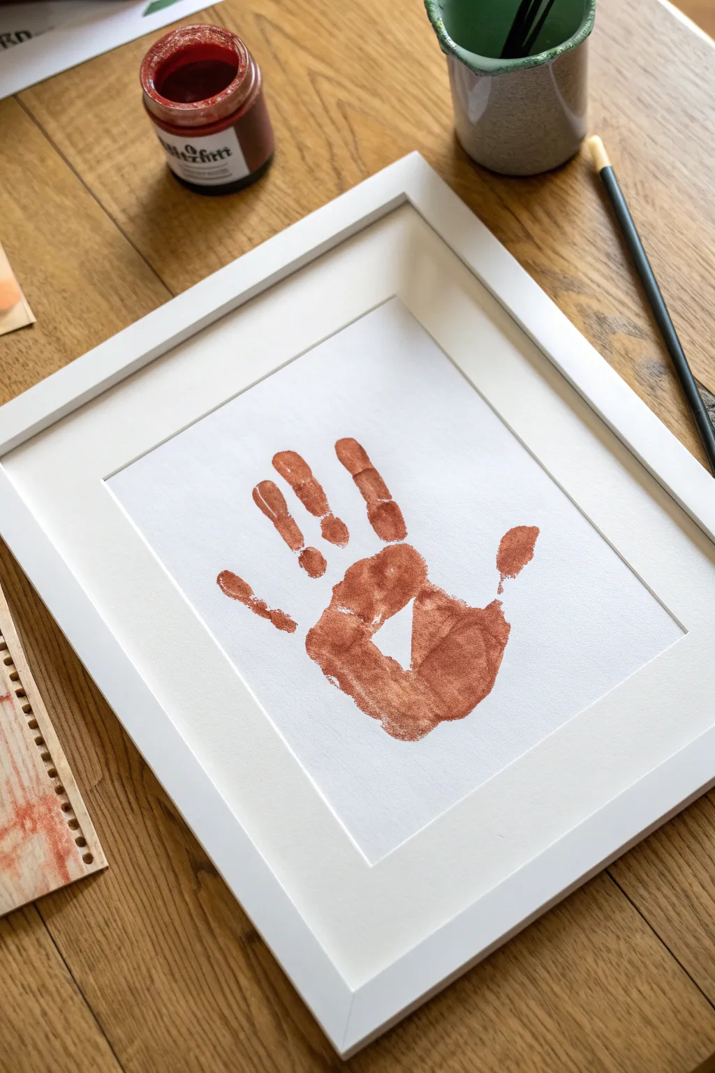 Tape-resist handprint frame with crisp white borders and bold color, perfect toddler art keepsake.