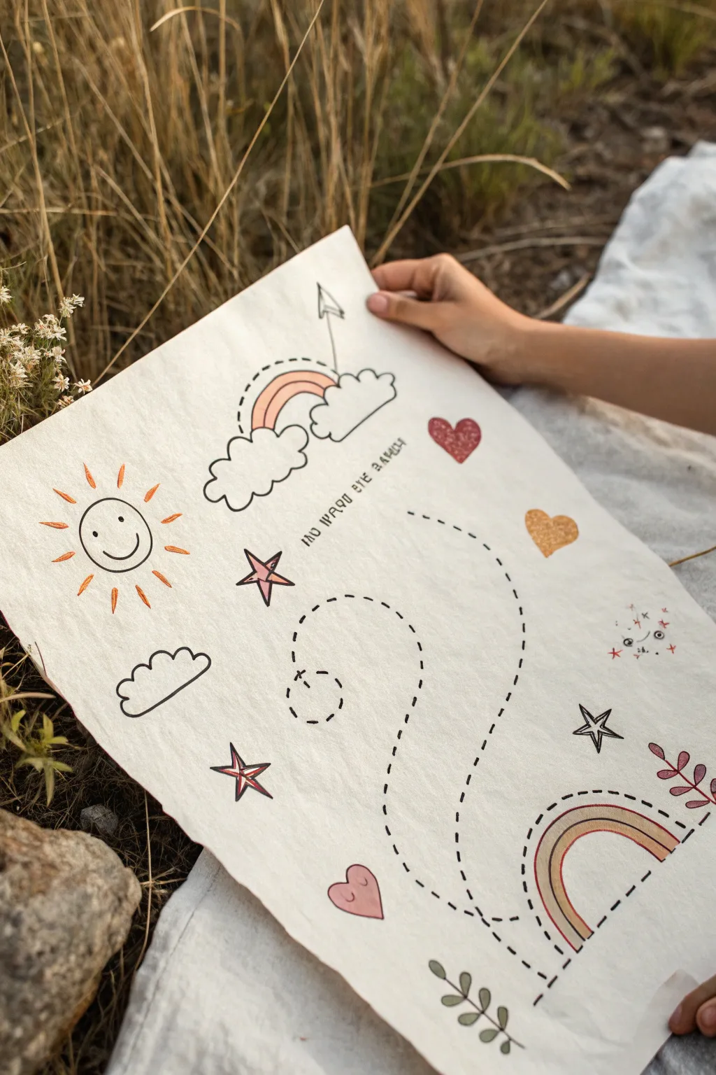 Happiness map drawing: a winding path of sweet symbols leading to one bright star destination