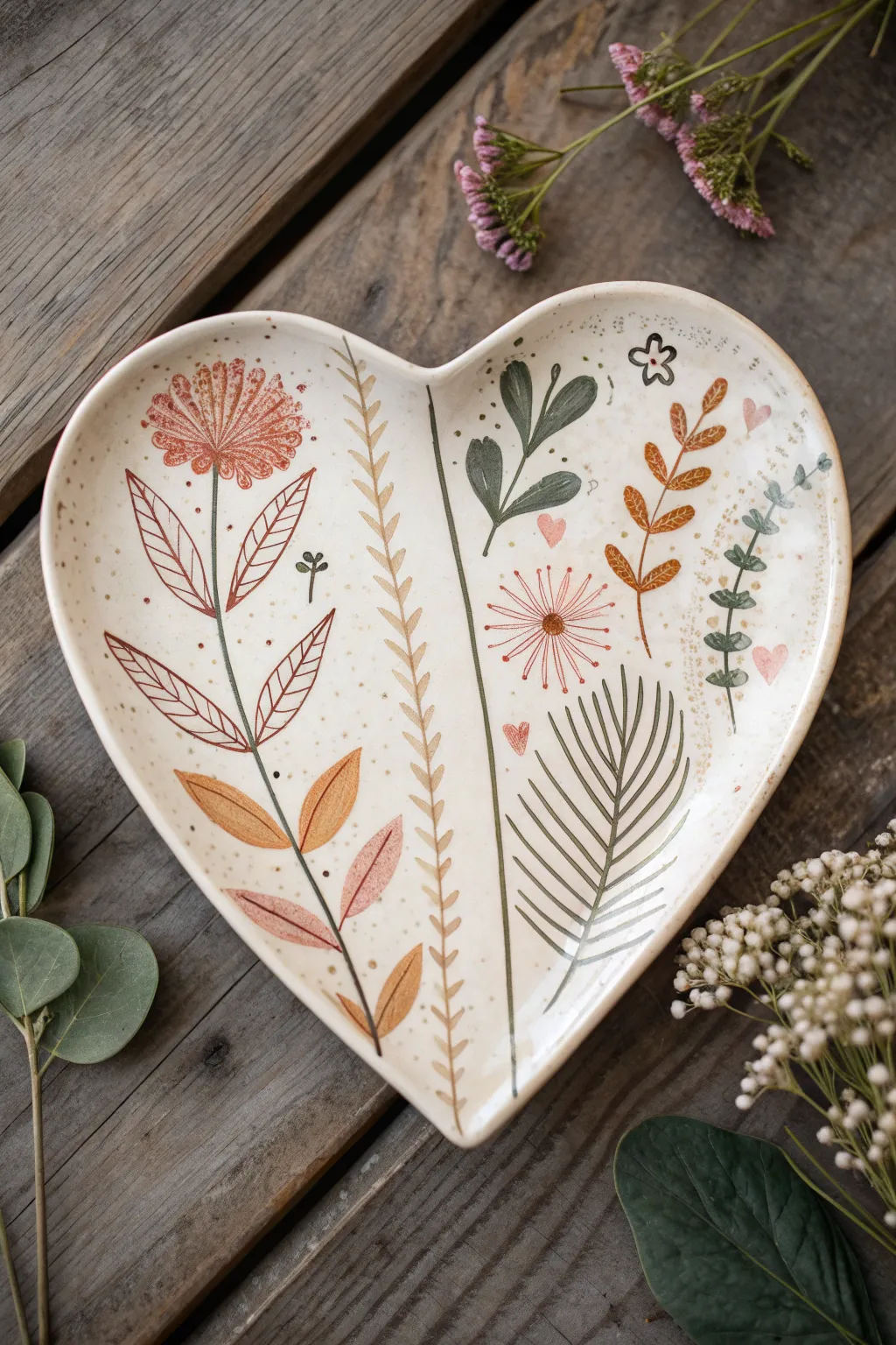 Half floral, half geometric heart plate design with crisp contrast and handmade minimal charm