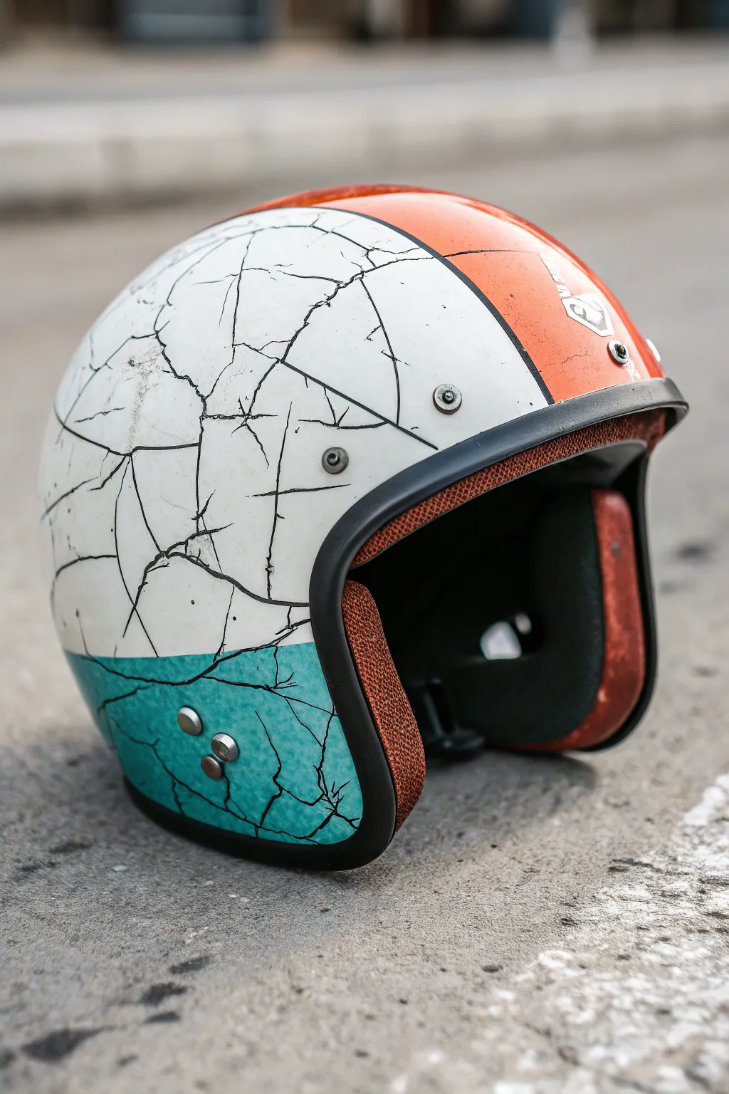 Cracked matte paint reveals a vibrant underlayer, minimalist helmet concept with artisan texture