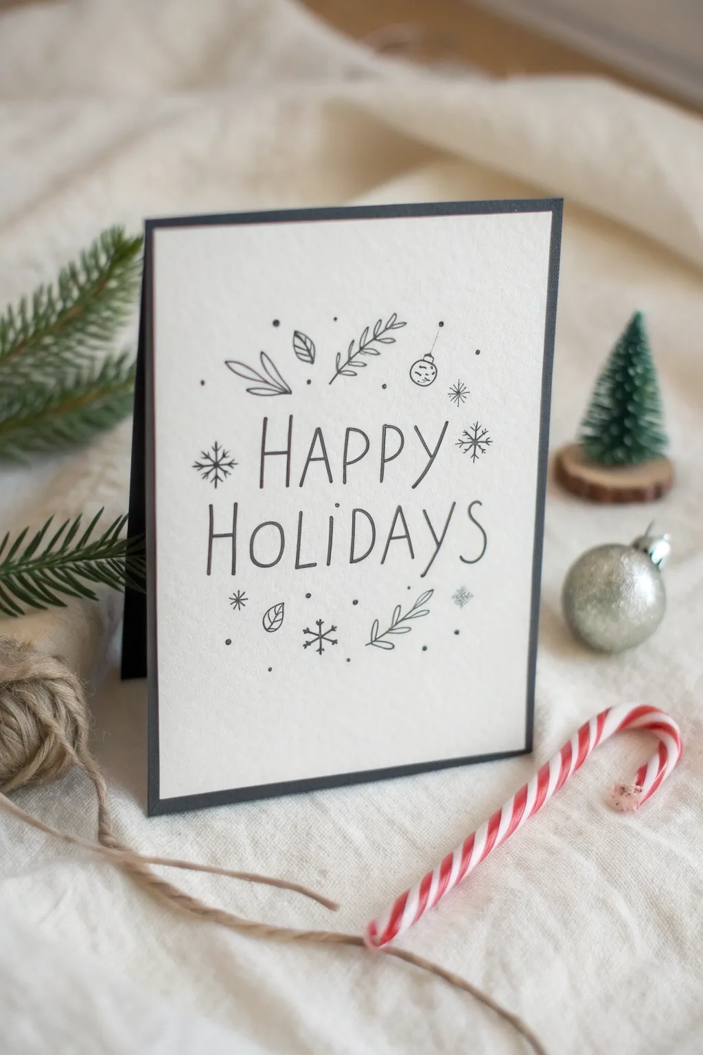 Minimal handmade holiday card design with hand lettering and simple festive icons in a neat frame
