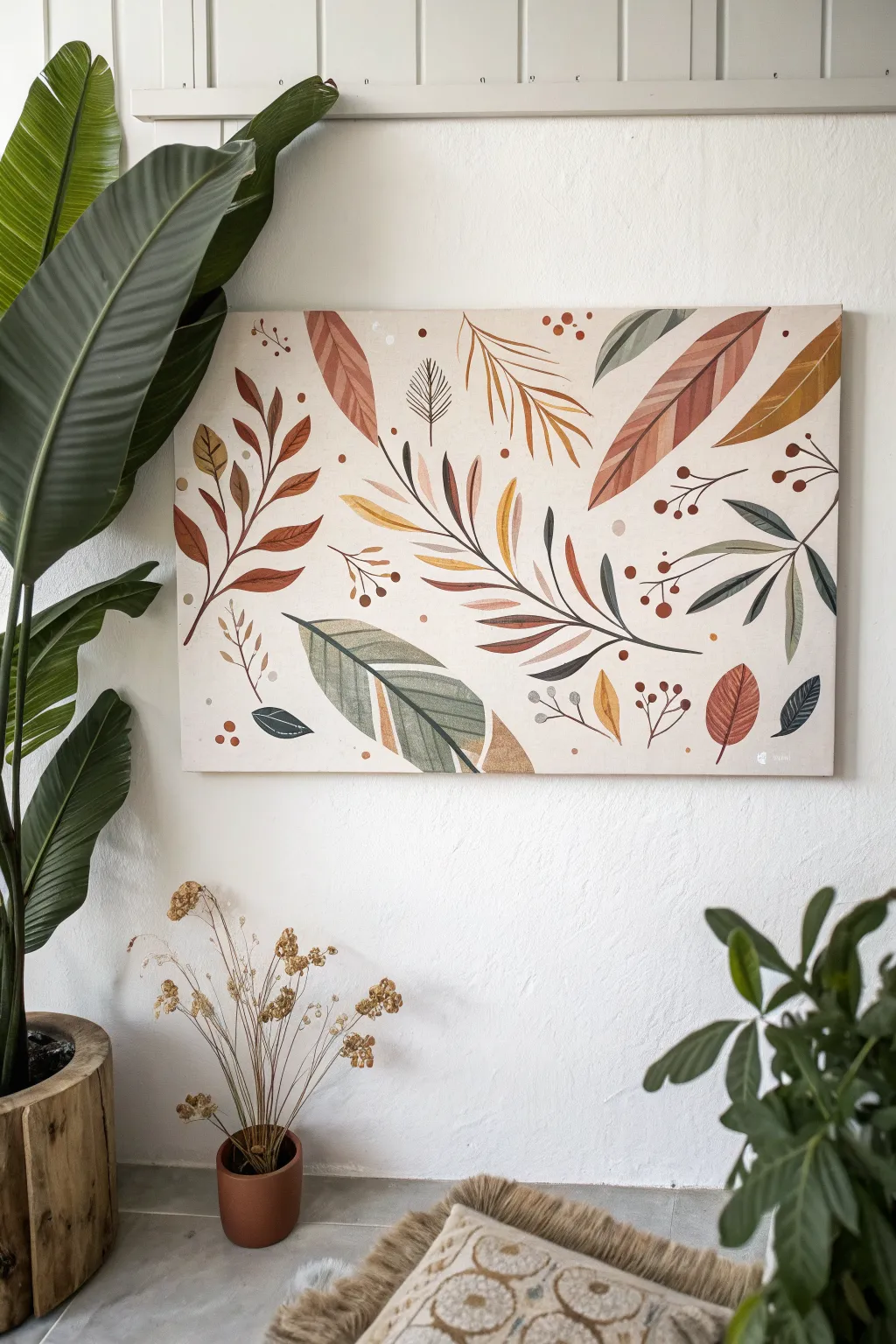 Minimalist drifting leaves sweep across a horizontal canvas, calm boho movement and contrast.