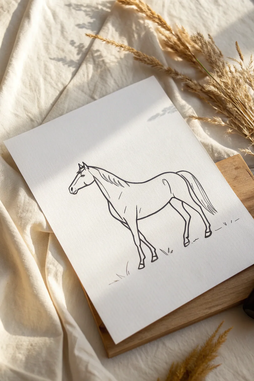Minimalist one-line horse in bold black ink, clean negative space, calm Scandinavian boho mood