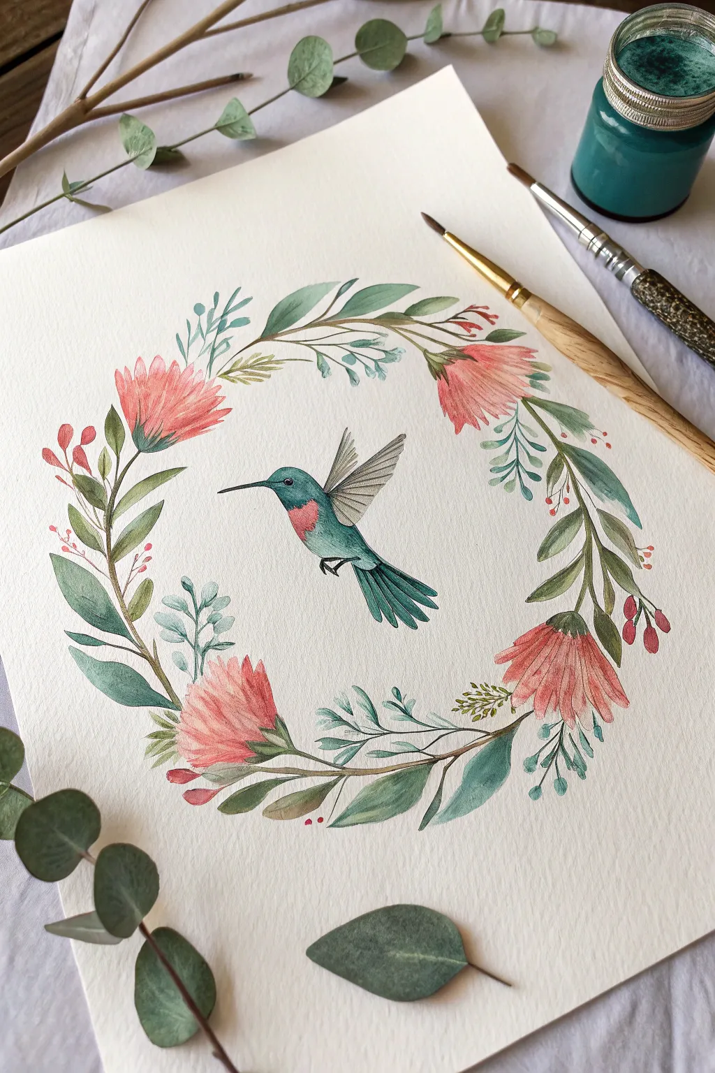 Botanical wreath framing a hovering hummingbird, simple Scandinavian palette with boho floral charm