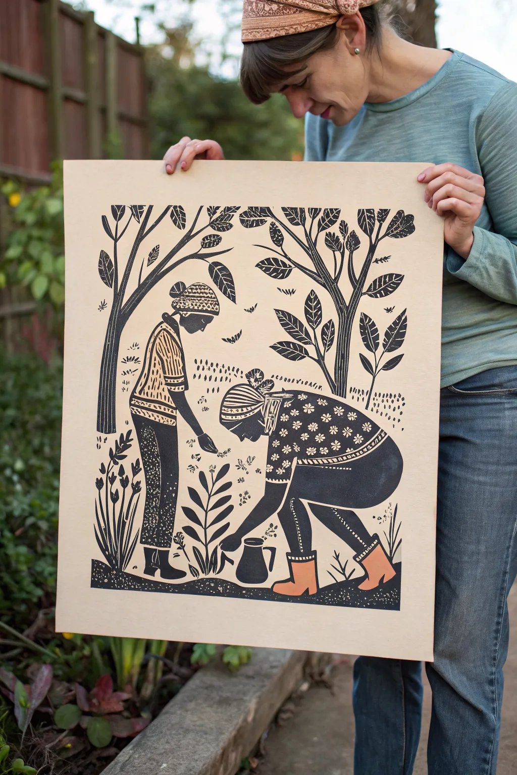 Folk-style garden scene linocut with bold shapes and carved textures, minimalist and warm