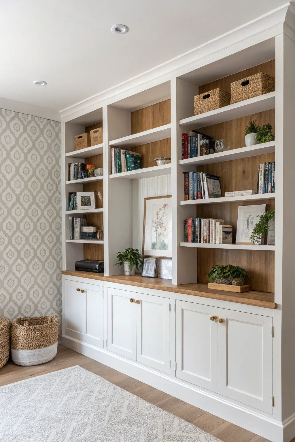 Tone-on-tone stenciled back panels give built-in shelves subtle pattern with an easy DIY vibe