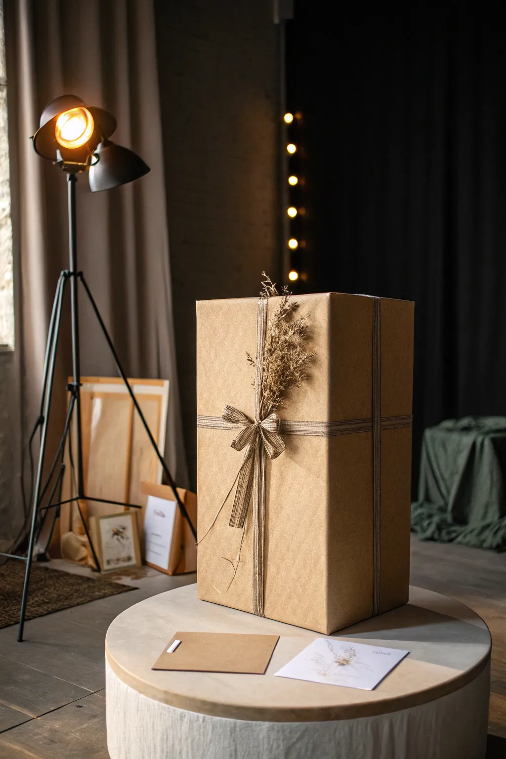 Finale moment: an oversized wrapped grand prize under a warm spotlight, ready to reveal.
