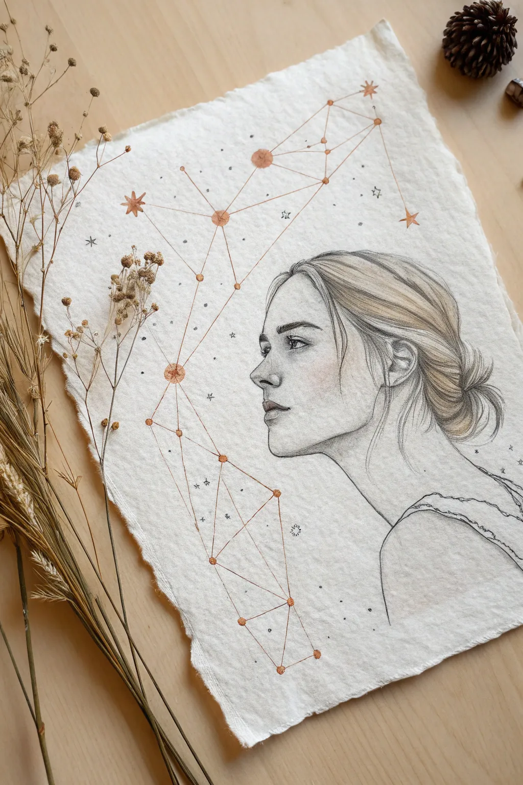 Identity map portrait with delicate constellation lines and symbols, Scandinavian minimal boho feel