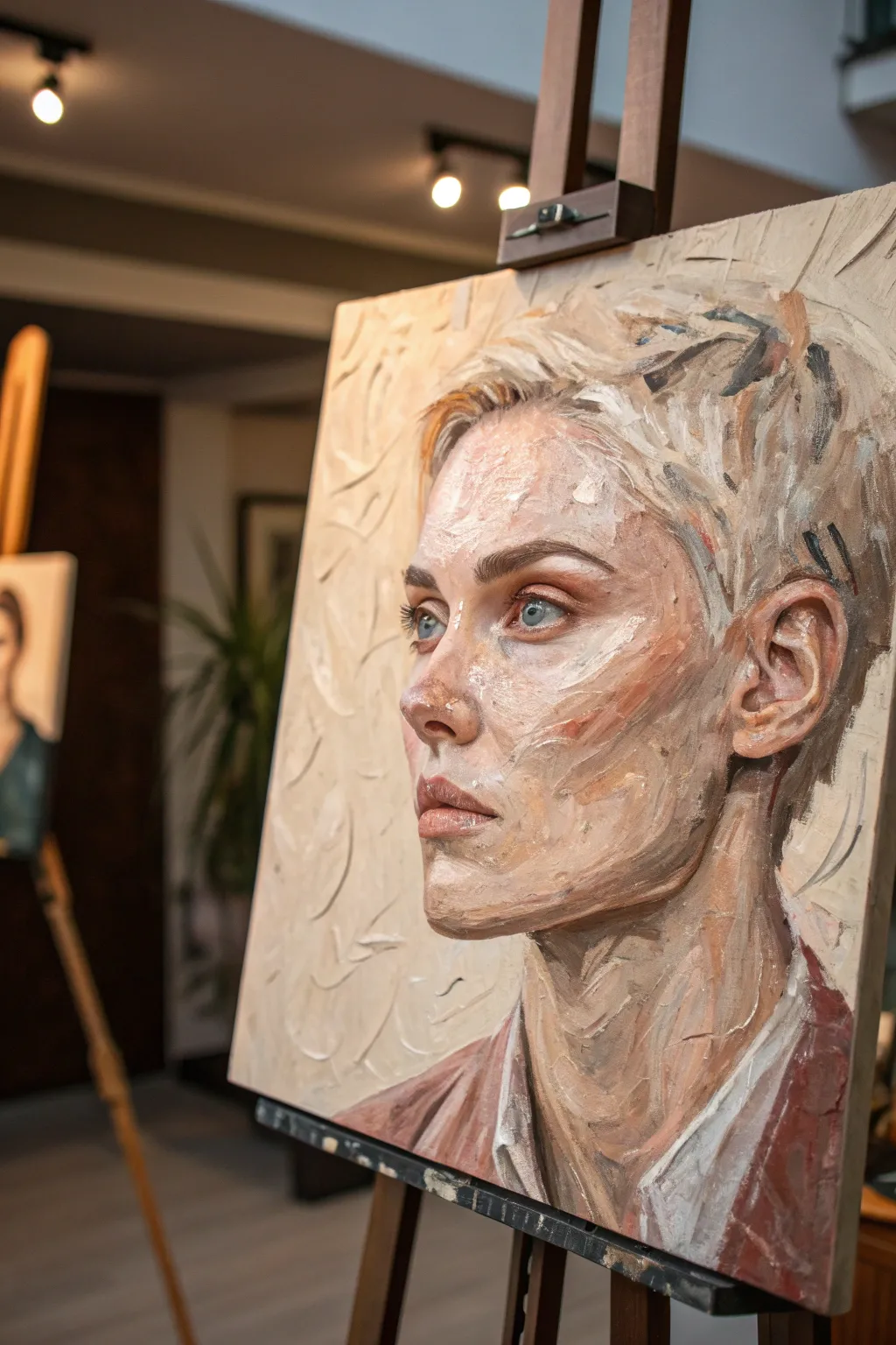 Faceted palette-knife portrait with bold impasto planes and soft Scandinavian tones