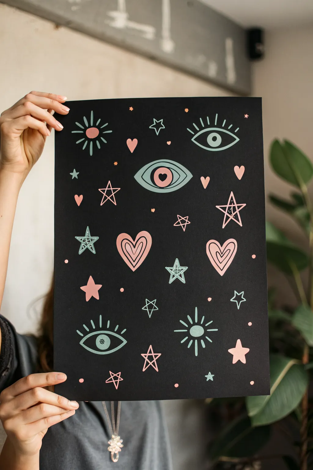 Easy indie icons in inverted colors: eyes, hearts, stars on deep black for bold contrast