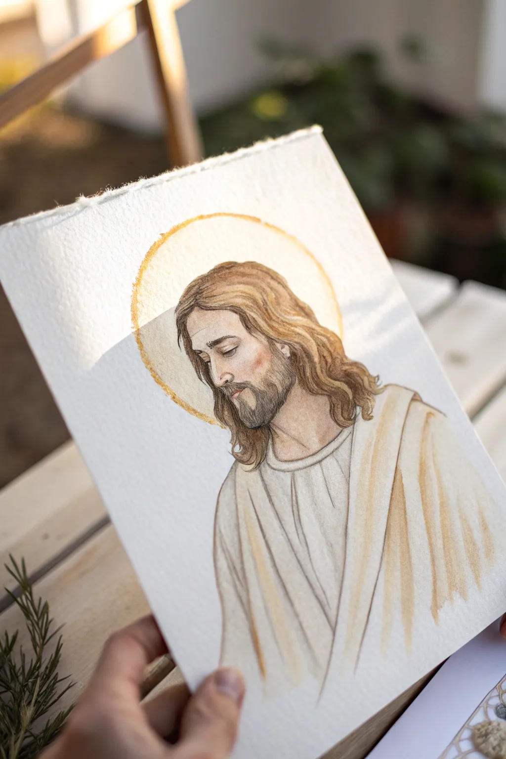 Faceless minimalist Jesus with soft halo glow, calm linen tones, and handcrafted watercolor texture