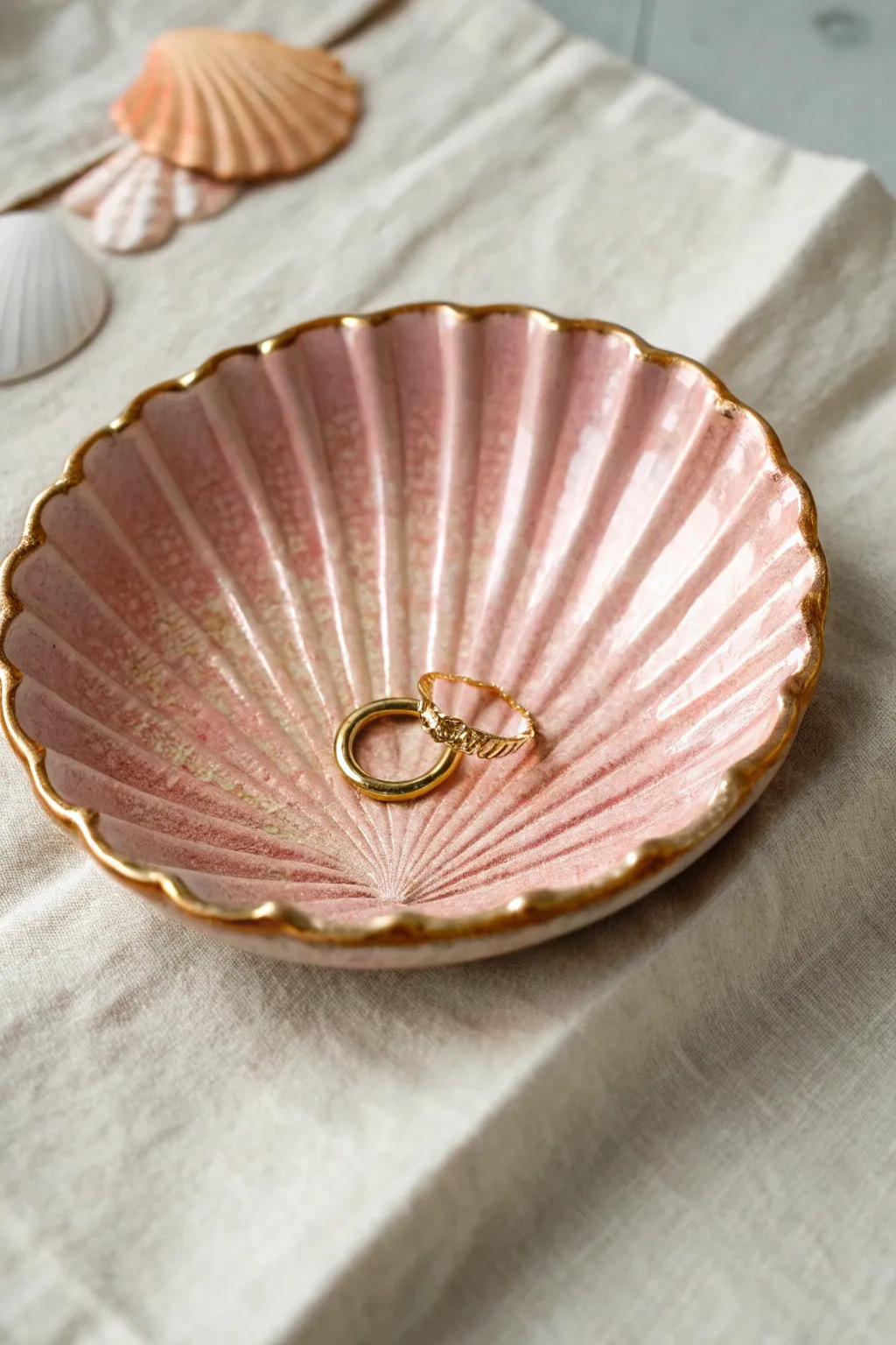 Round jewelry dish painted as a pearly shell interior, with one ring placed like a pearl